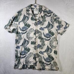 Denim & Flower Ricky Singh M Aloha‎ Shirt Beige Green Leaf Print Rayon Casual